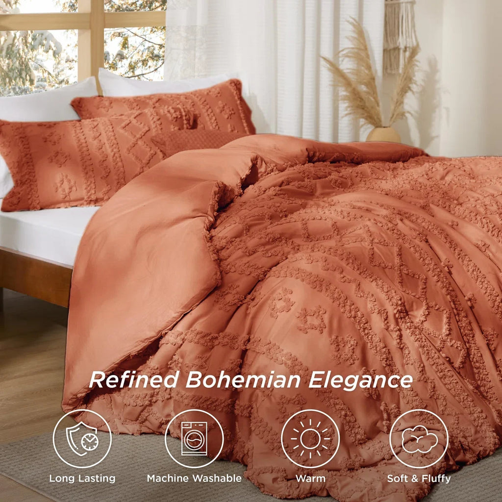 Tufted Boho Farmhouse Shabby Chic Embroidery Bedding Set, Terracotta color for Halloween