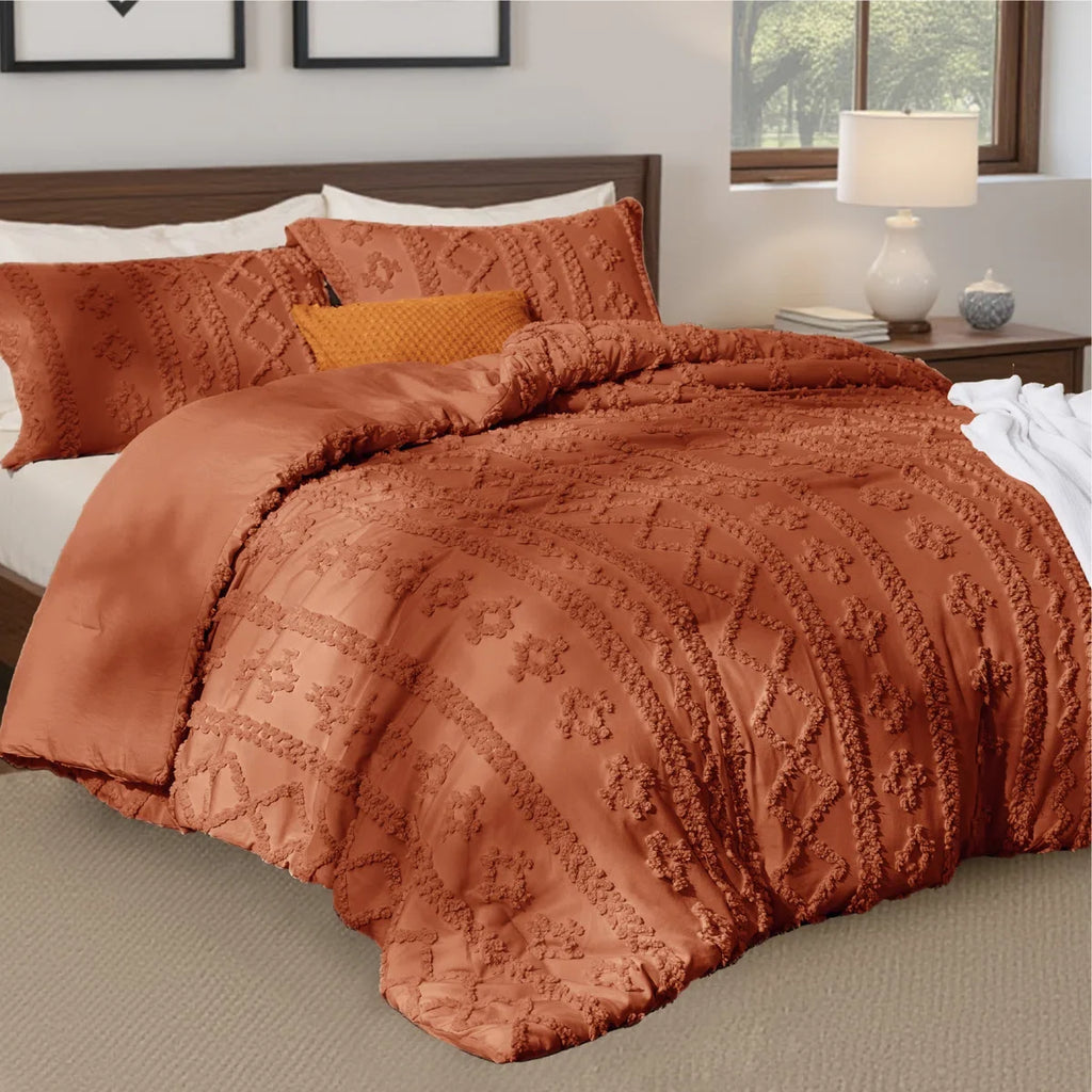Tufted Boho Farmhouse Shabby Chic Embroidery Bedding Set, Terracotta color for Halloween