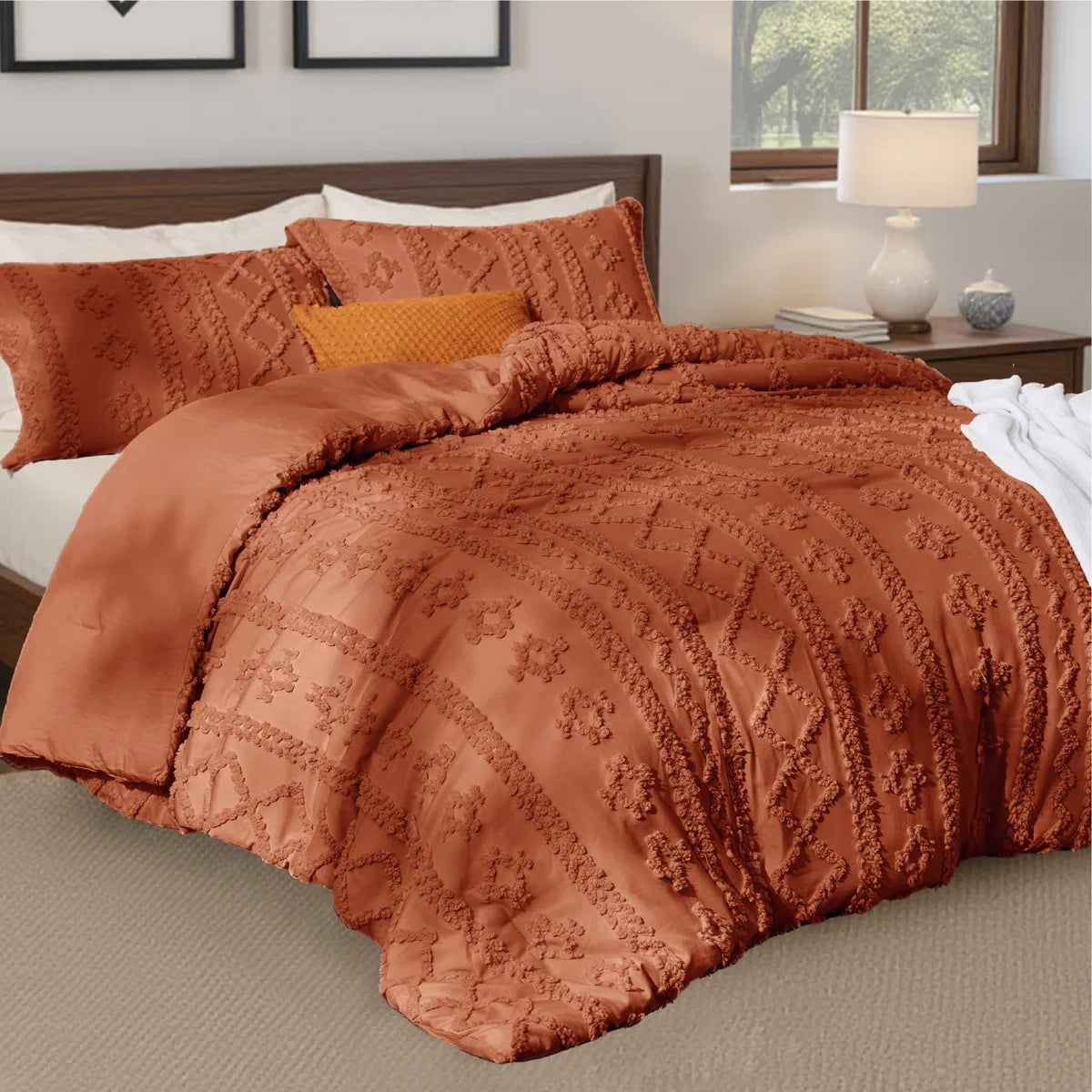 Tufted Boho Farmhouse Shabby Chic Embroidery Bedding Set, Terracotta color for Halloween