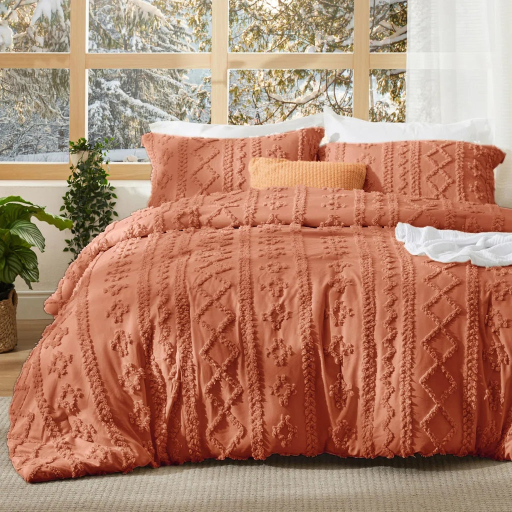 Tufted Boho Farmhouse Shabby Chic Embroidery Bedding Set, Terracotta color for Halloween