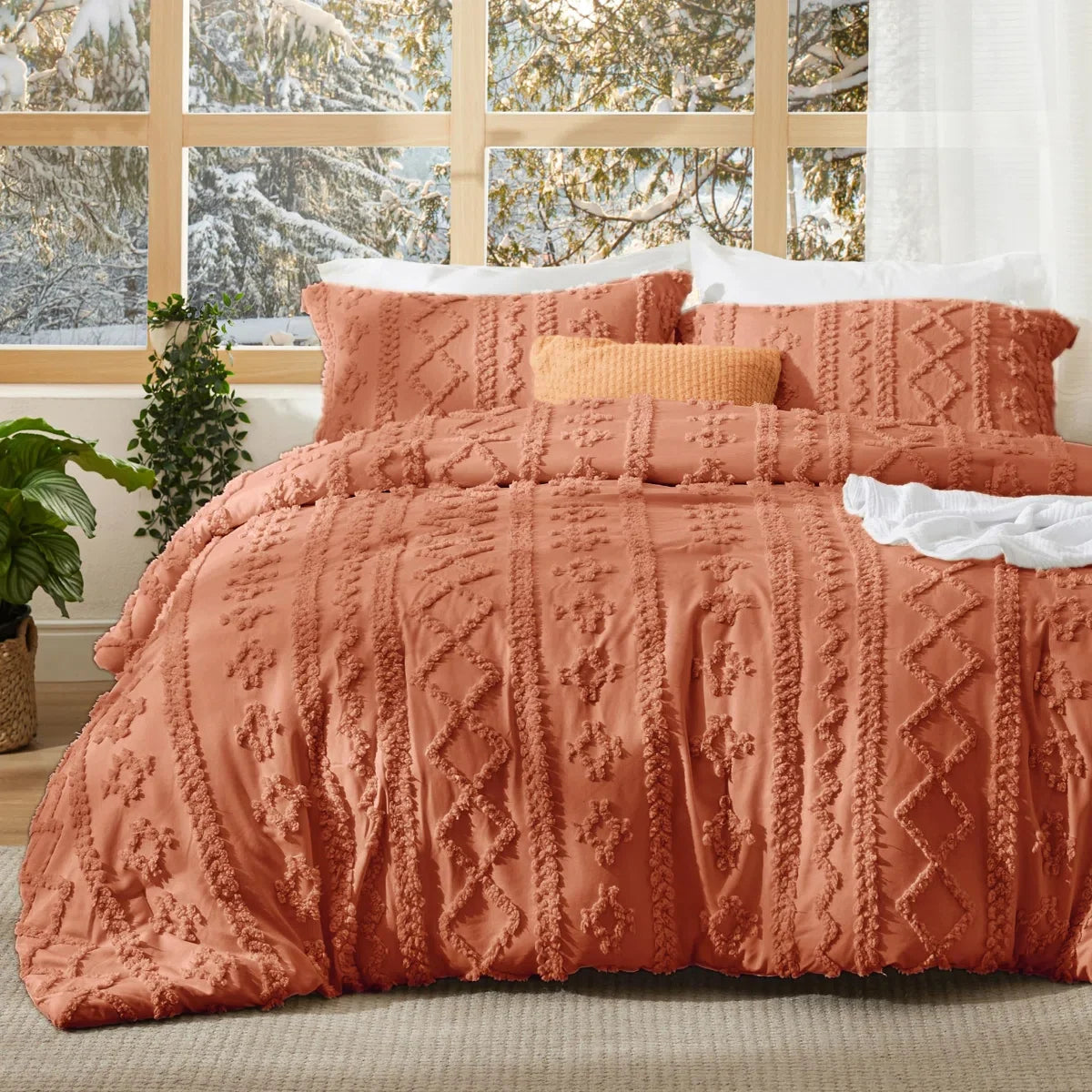 Tufted Boho Farmhouse Shabby Chic Embroidery Bedding Set, Terracotta color for Halloween