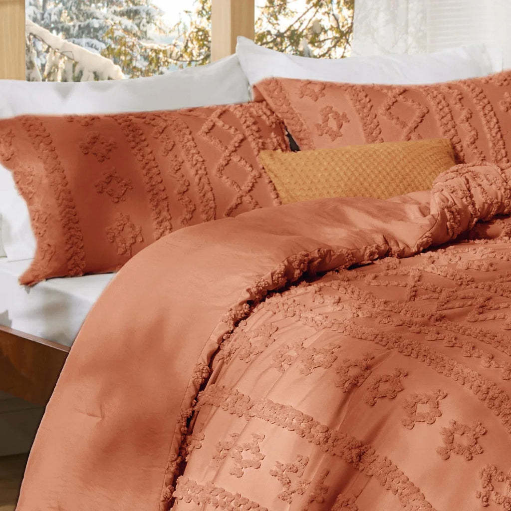 Tufted Boho Farmhouse Shabby Chic Embroidery Bedding Set, Terracotta color for Halloween