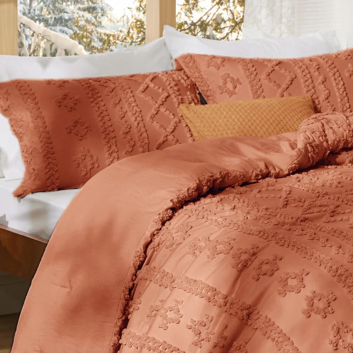 Tufted Boho Farmhouse Shabby Chic Embroidery Bedding Set, Terracotta color for Halloween
