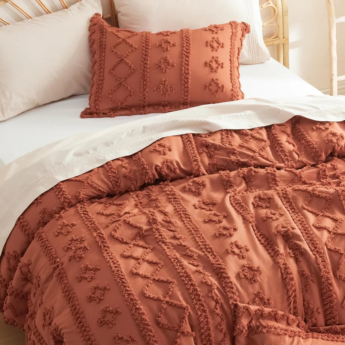 Tufted Boho Farmhouse Shabby Chic Embroidery Bedding Set, Terracotta color for Halloween
