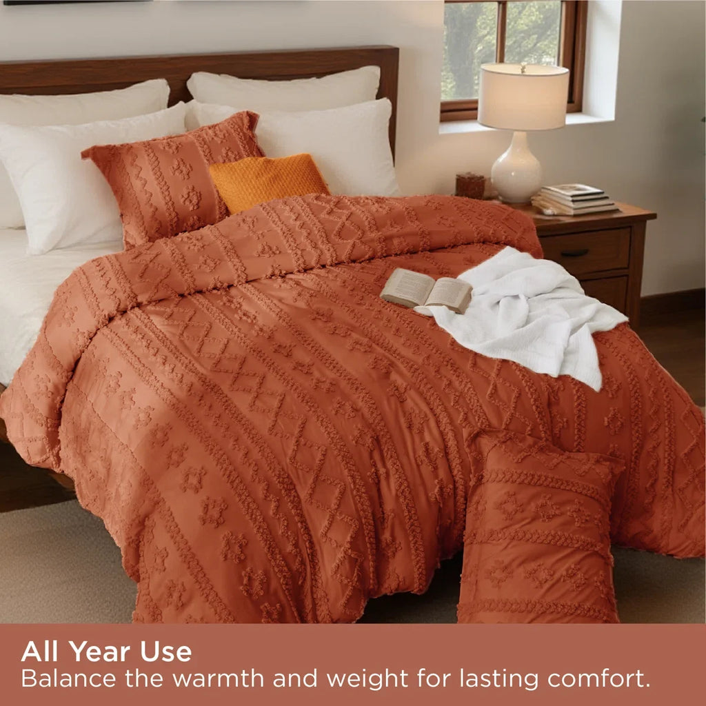 Tufted Boho Farmhouse Shabby Chic Embroidery Bedding Set, Terracotta color for Halloween