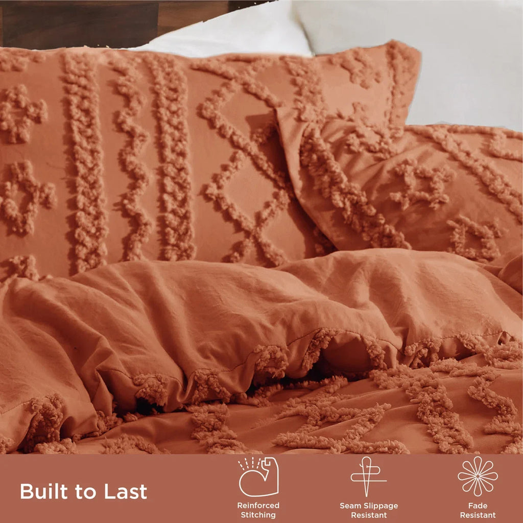 Tufted Boho Farmhouse Shabby Chic Embroidery Bedding Set, Terracotta color for Halloween