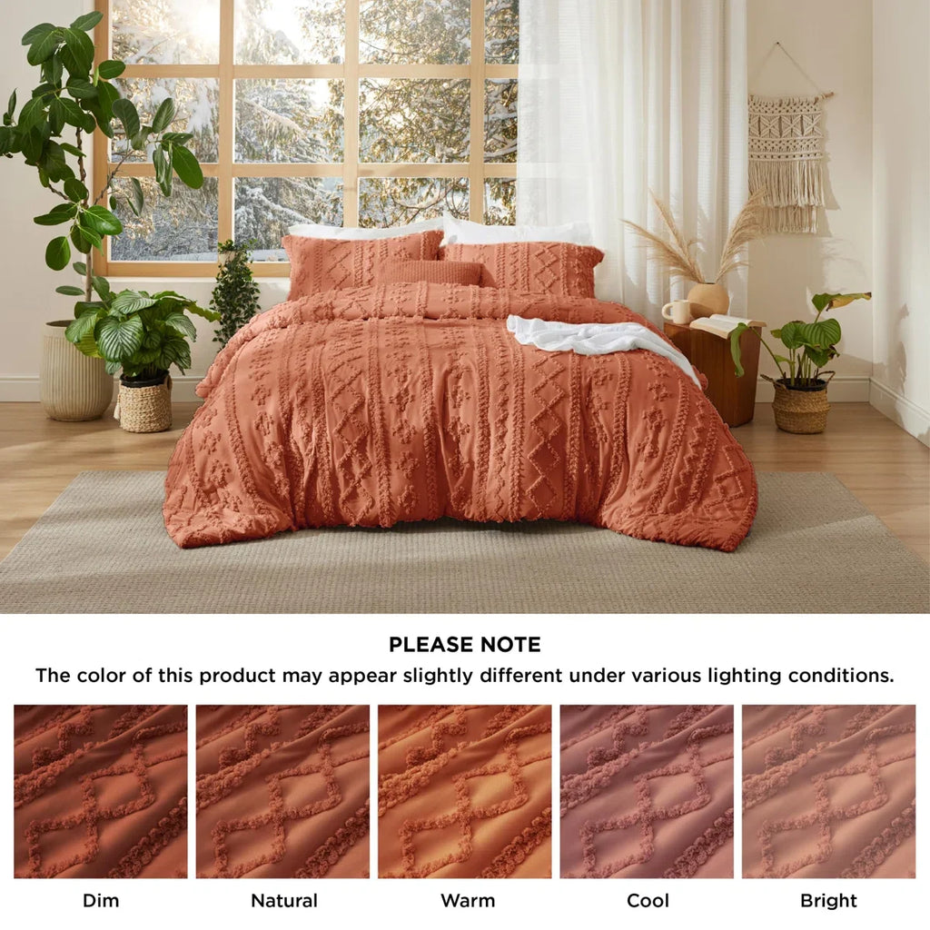 Tufted Boho Farmhouse Shabby Chic Embroidery Bedding Set, Terracotta color for Halloween