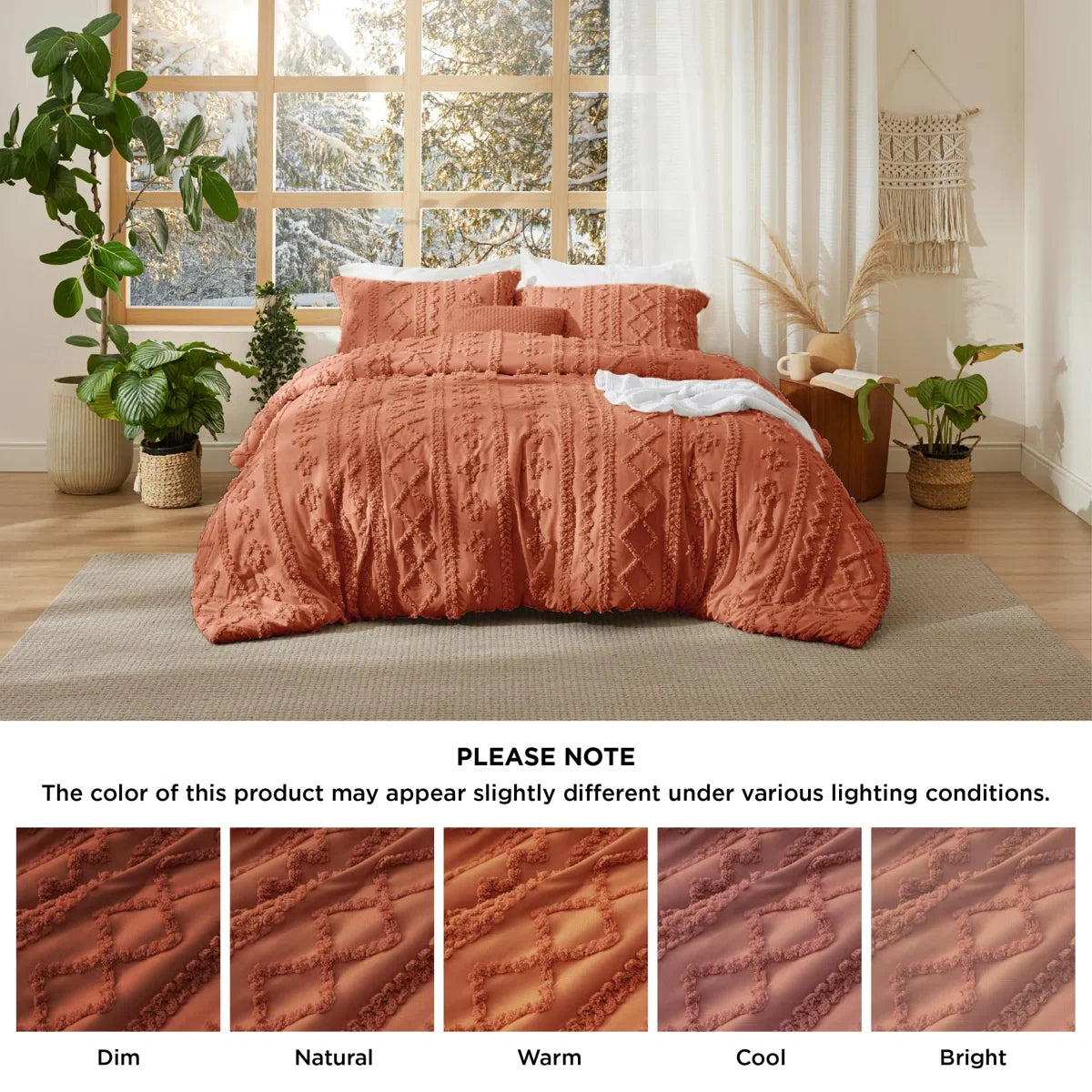 Tufted Boho Farmhouse Shabby Chic Embroidery Bedding Set, Terracotta color for Halloween