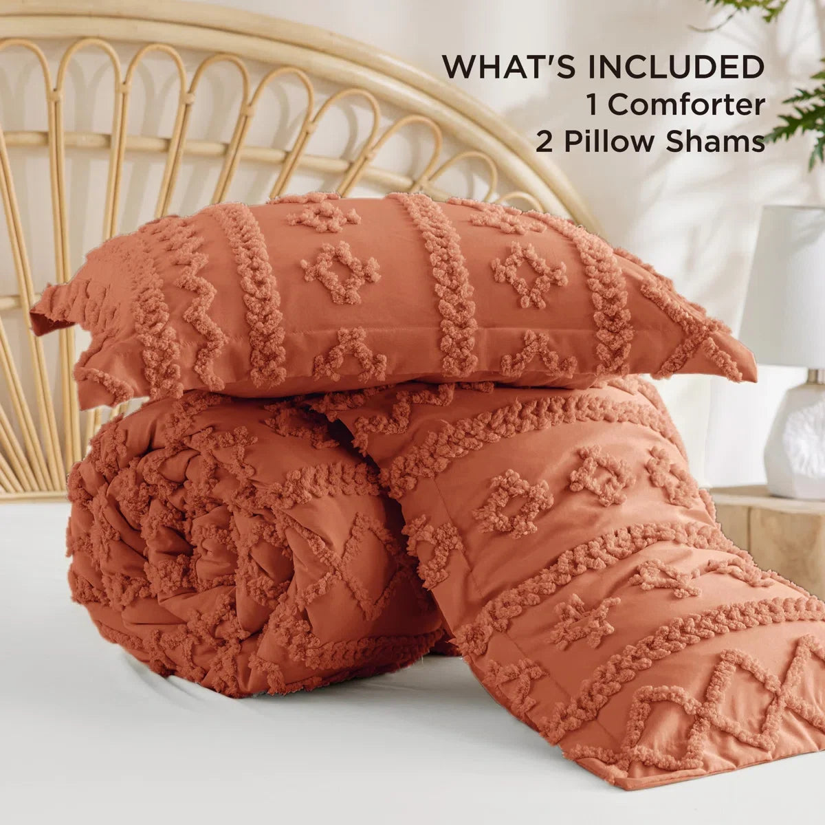 Tufted Boho Farmhouse Shabby Chic Embroidery Bedding Set, Terracotta color for Halloween